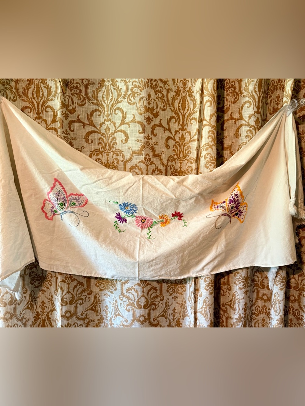 Vintage/Antique Hand-Embroidered Floral & Butterfly Cotton Runner